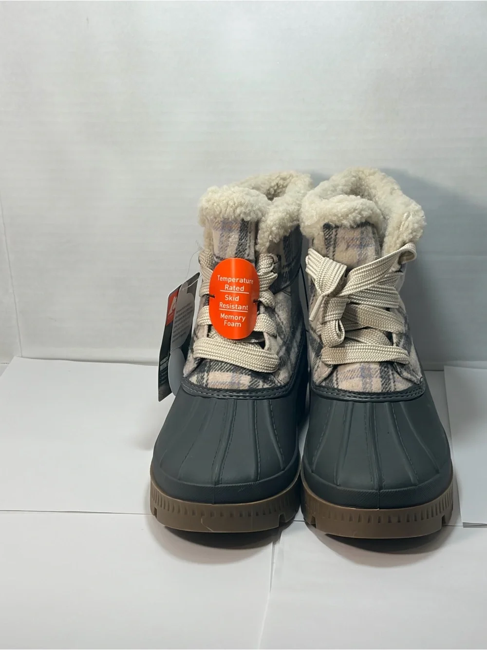 Ozark Trail Women's Plaid Faux Shearling Duck Boots in Gray and Tan